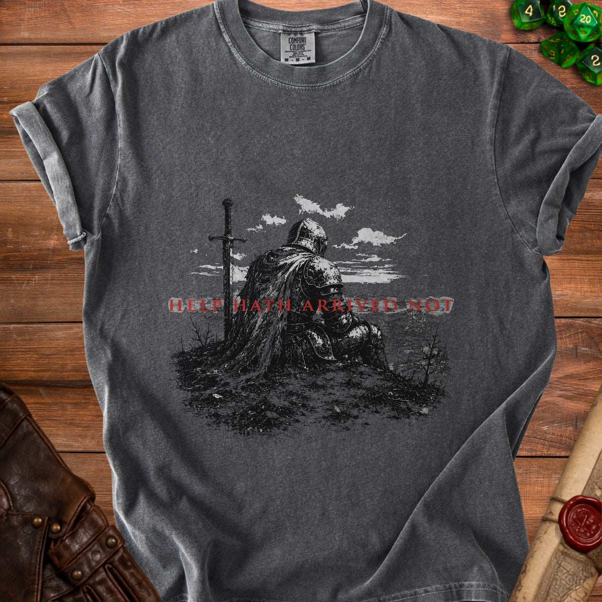 Dark grey t-shirt with knight and sword graphic reading "HELL HATH ARRIVED NOT".