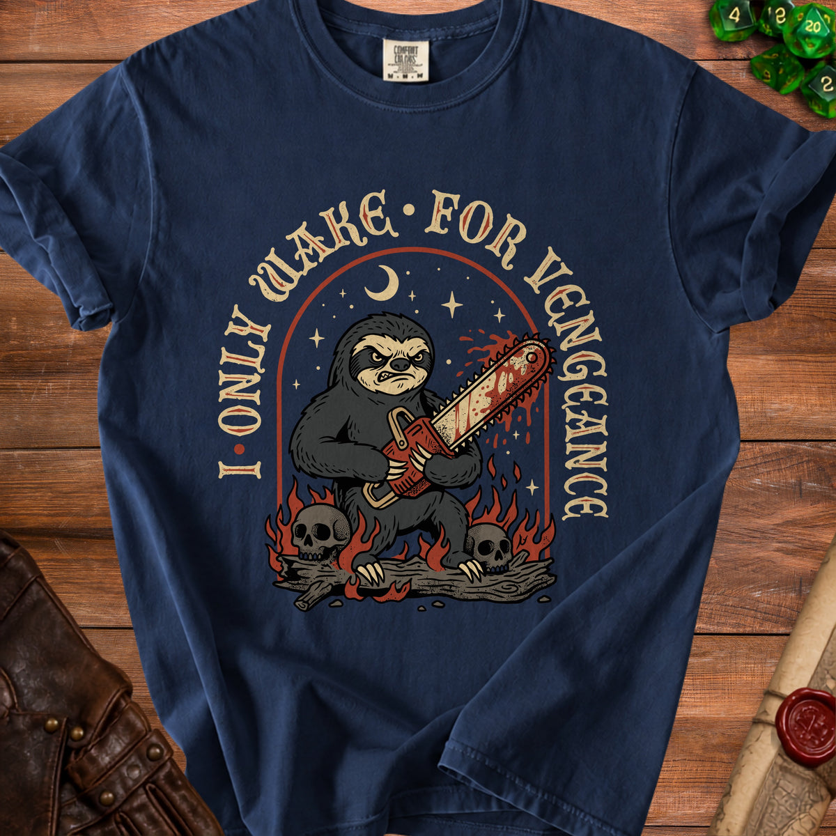 Navy t-shirt graphic of a sloth with a chainsaw surrounded by fire and skulls.
