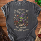 Goblin with apple, surrounded by professionals, and text about eating apples.