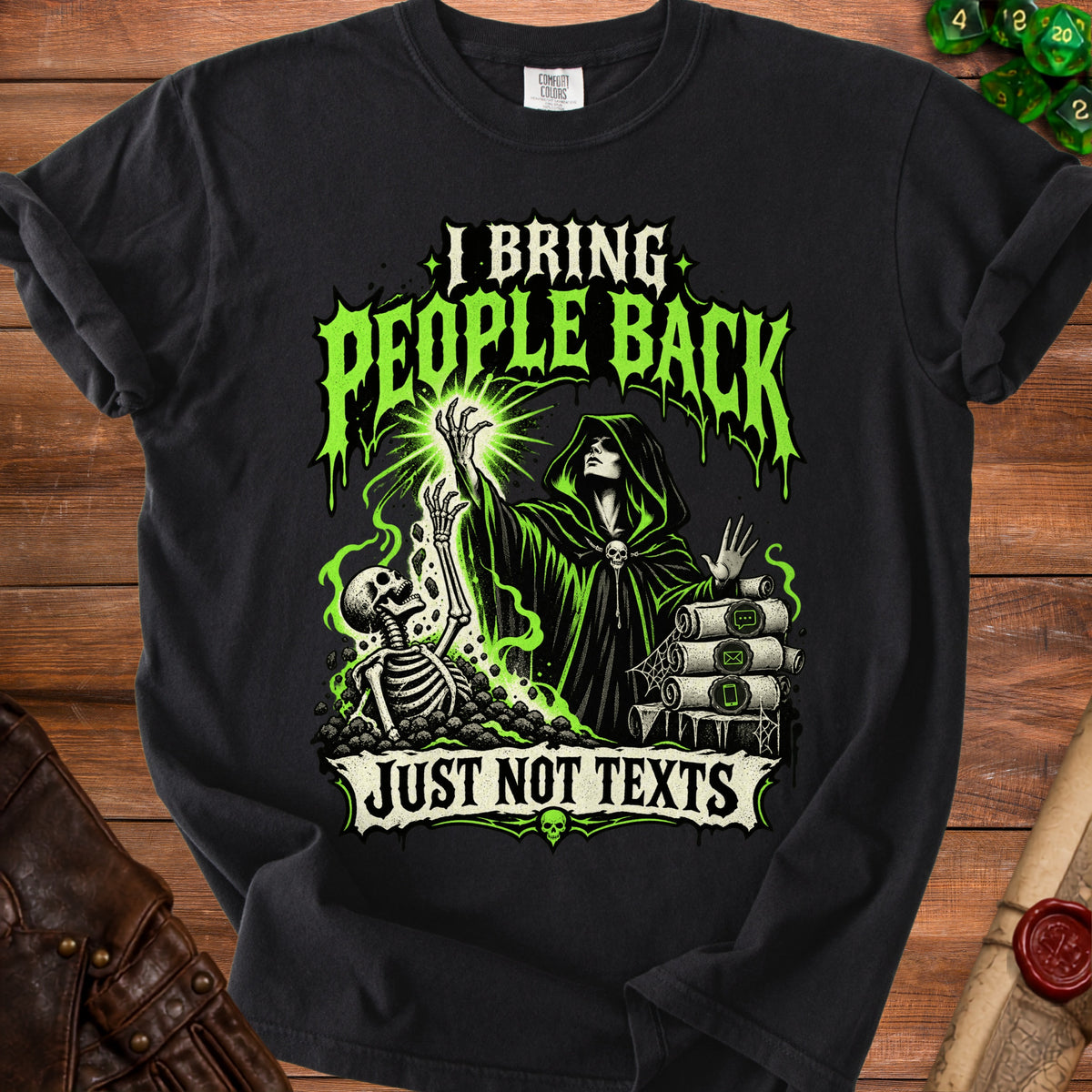Black t-shirt with neon green graphic of grim reaper bringing people back, but not texts.