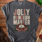 Dark grey t-shirt with "Jolly Dungeon Master" text and a holiday dice set.