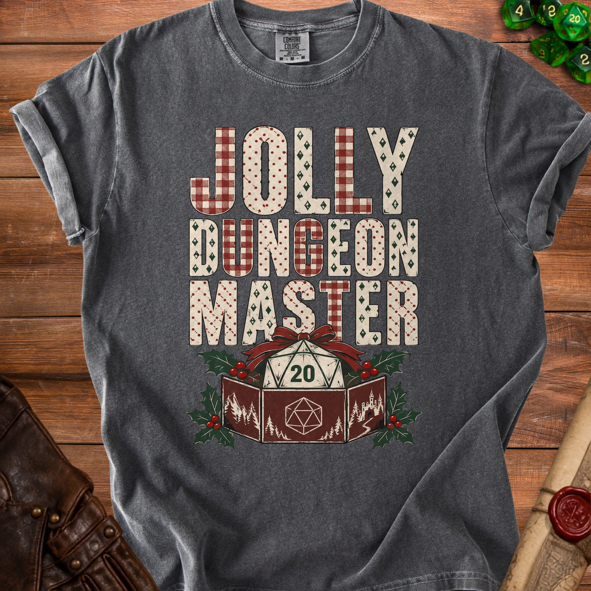 Dark grey t-shirt with "Jolly Dungeon Master" text and a holiday dice set.