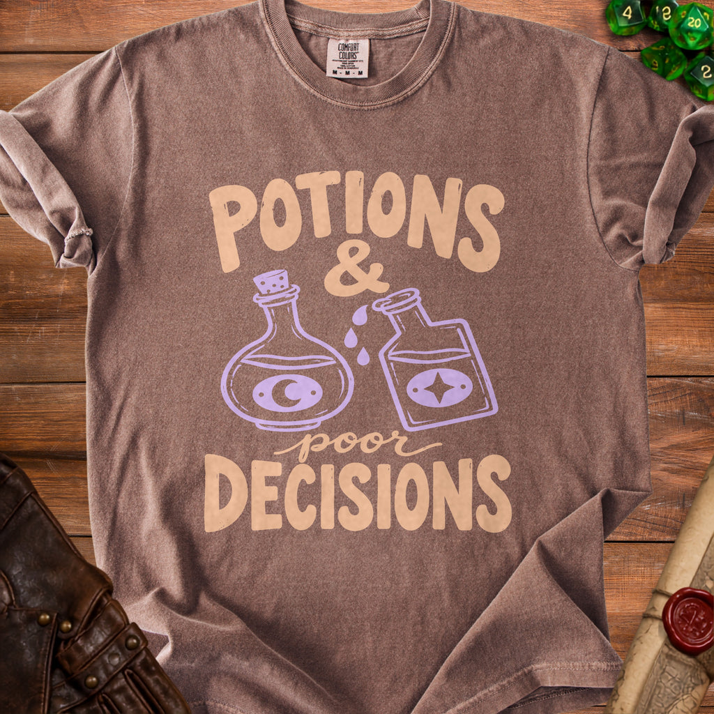 Brown t-shirt with "Potions & poor Decisions" text and potion bottle graphics.