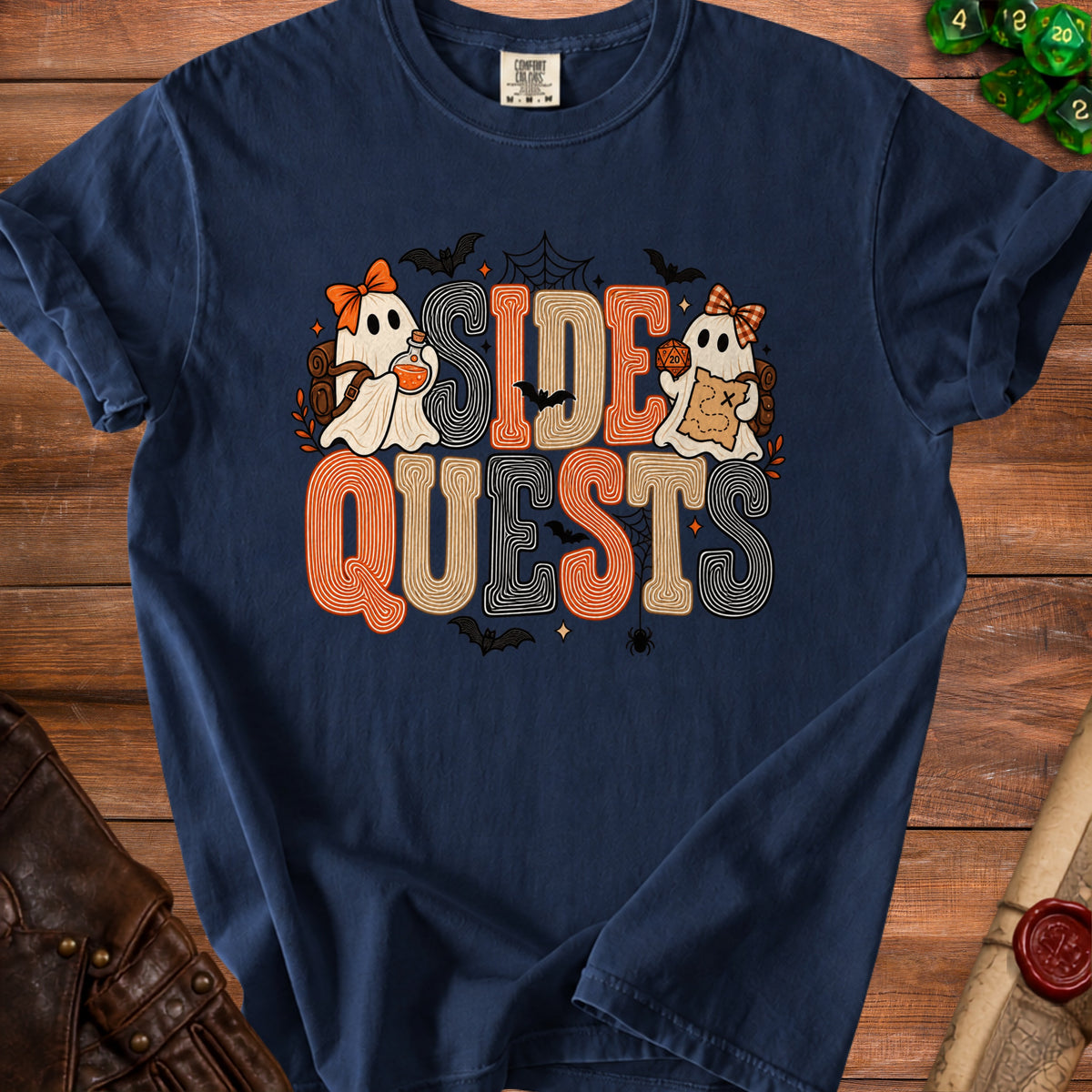 Navy t-shirt with "SIDE QUESTS" text featuring ghosts, bats, and a scroll.