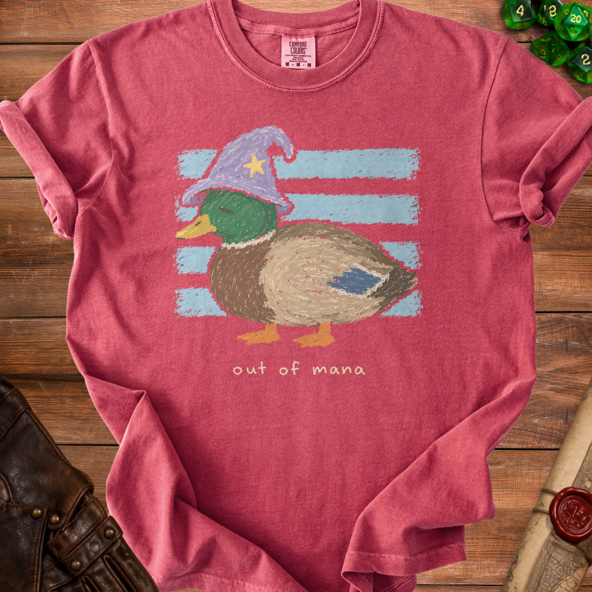 Mallard duck wearing a wizard hat with text "out of mana."