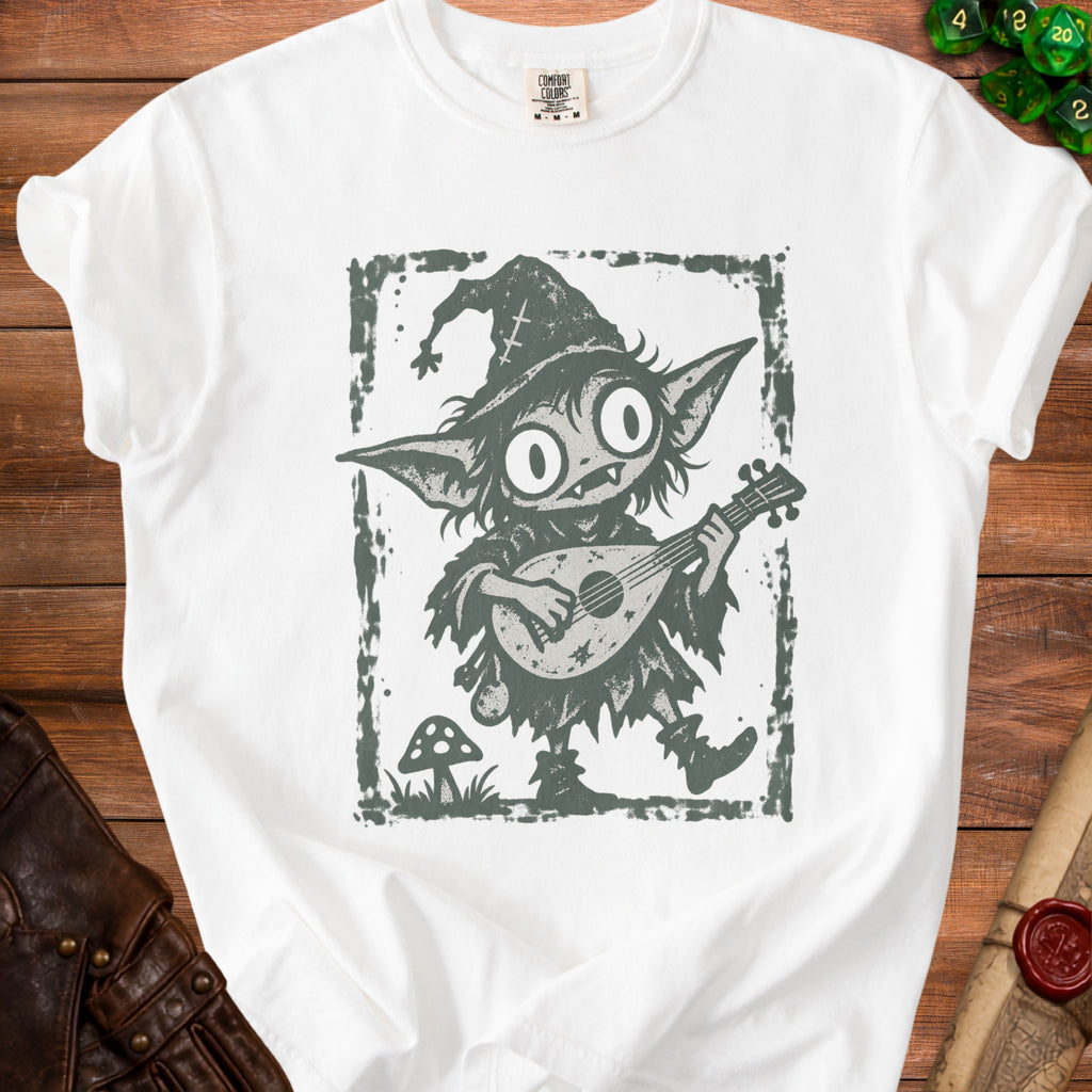 White t-shirt with distressed graphic of a goblin playing a lute.