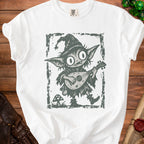 White t-shirt with distressed graphic of a goblin playing a lute.