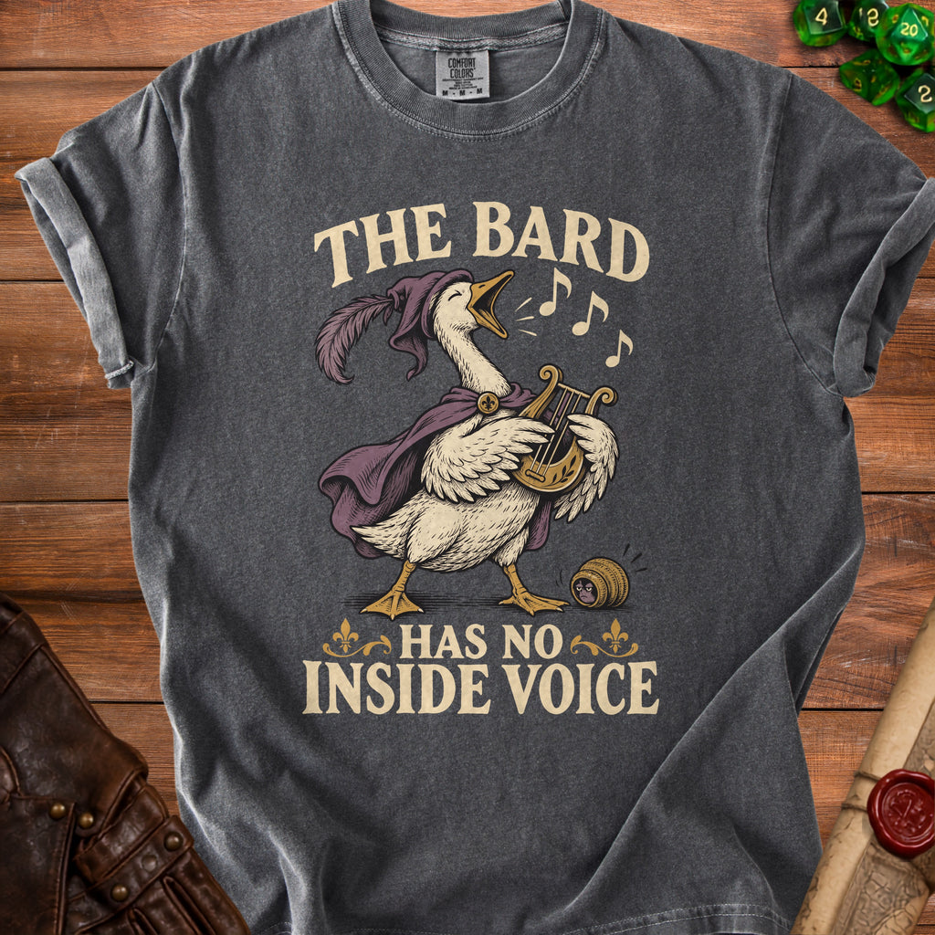 A goose in a purple hat and cape sings with a lyre, text reads "The Bard Has No Inside Voice."