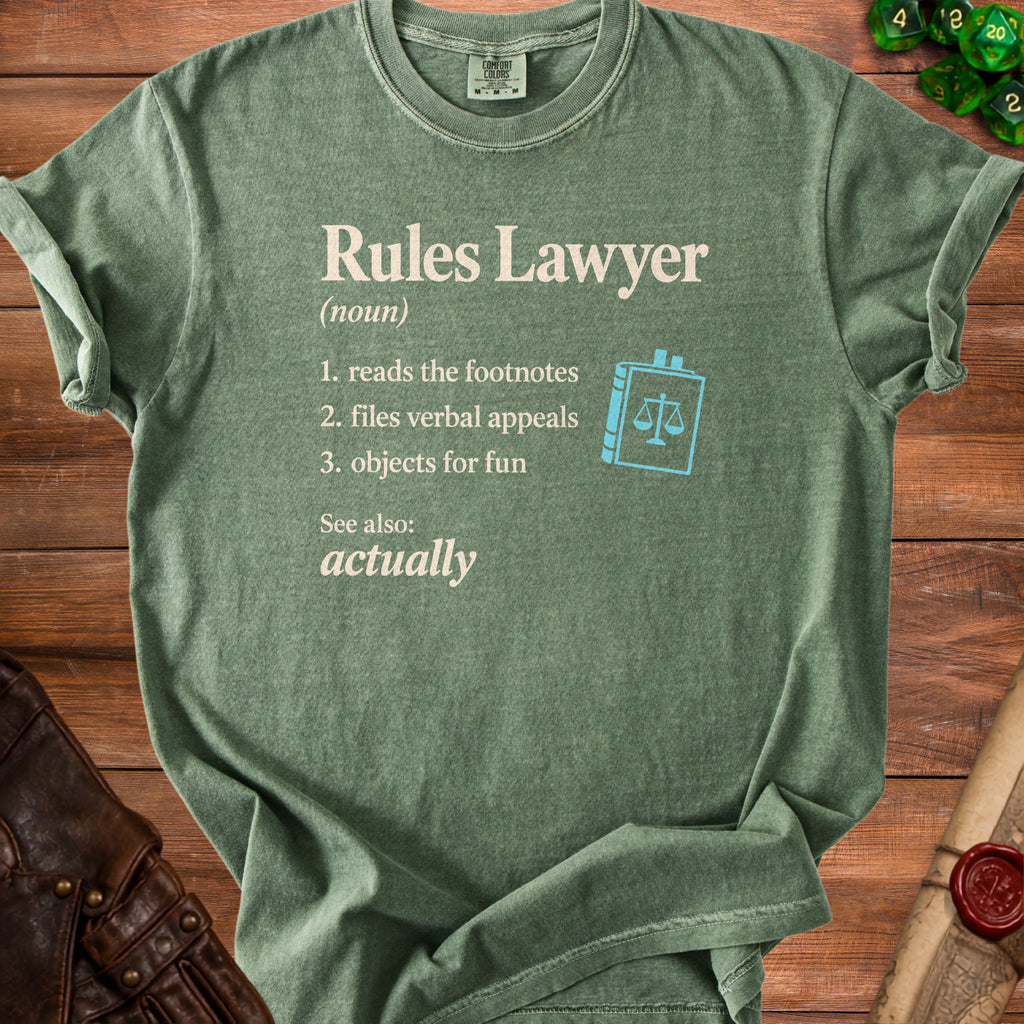 Green t-shirt with "Rules Lawyer" definition text and a book icon.