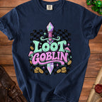 Navy t-shirt with "Loot Goblin" text, sword, mushrooms, and coins graphic.