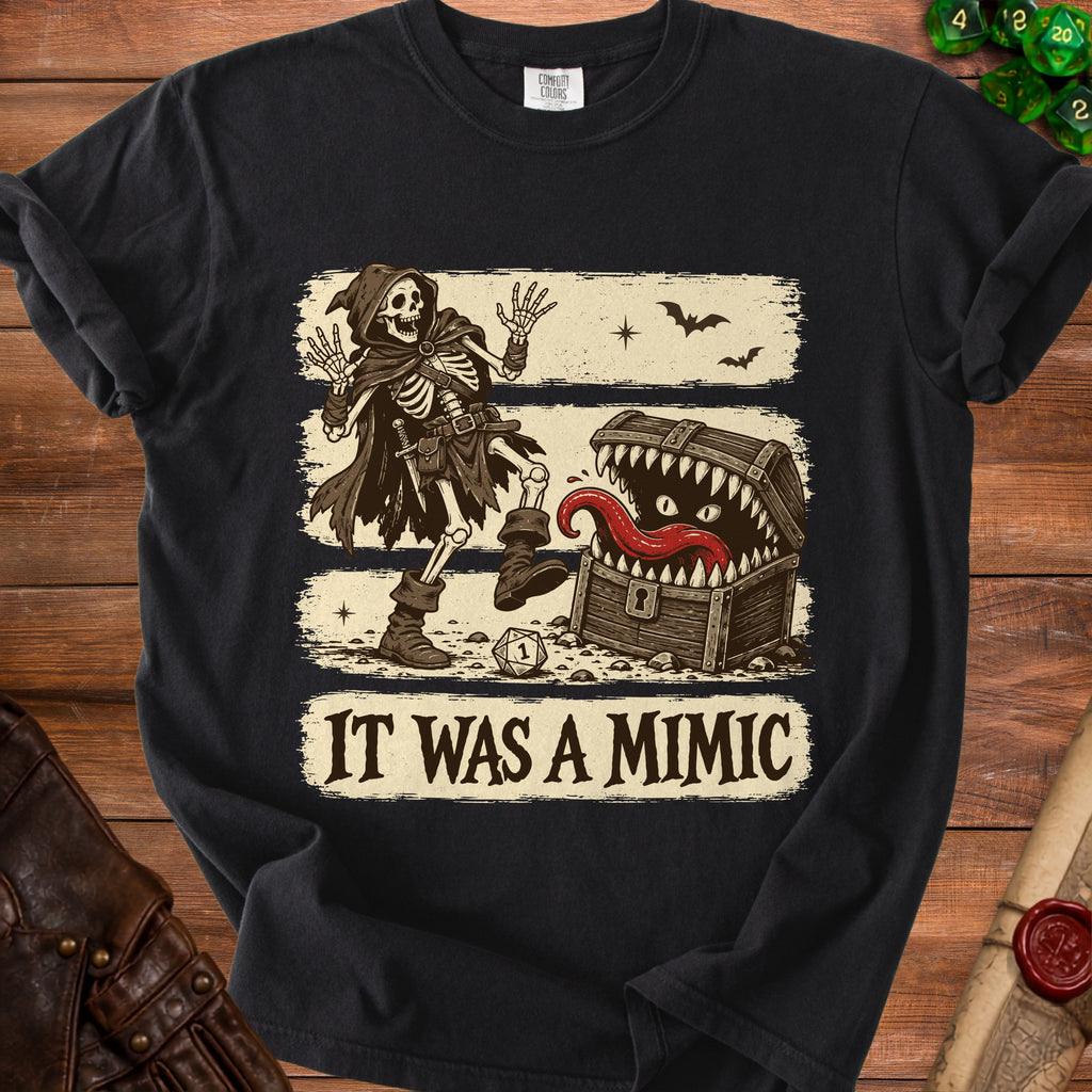 Skeleton facing a treasure chest with teeth and tongue, text reads "IT WAS A MIMIC".