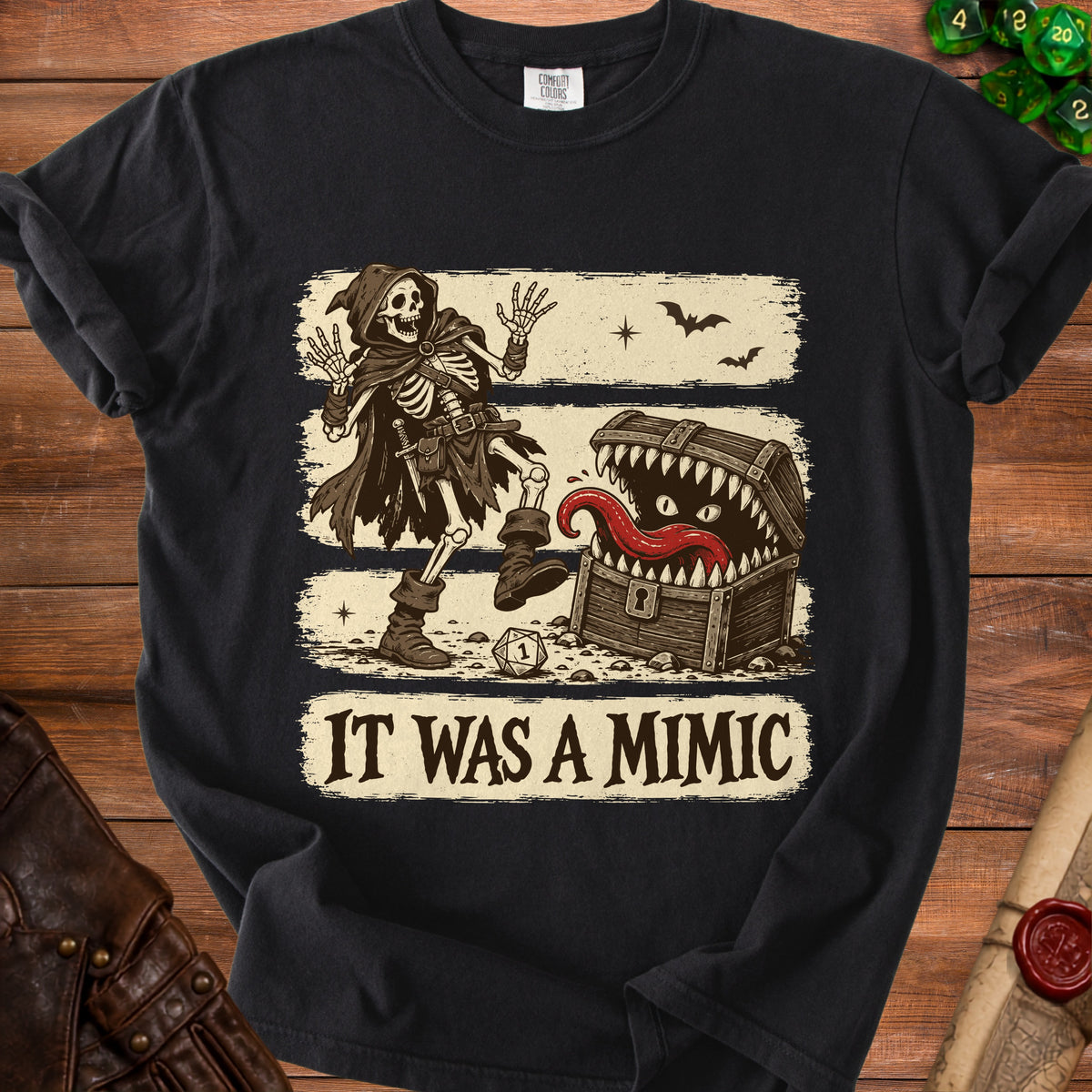 Skeleton facing a treasure chest with teeth and tongue, text reads "IT WAS A MIMIC".