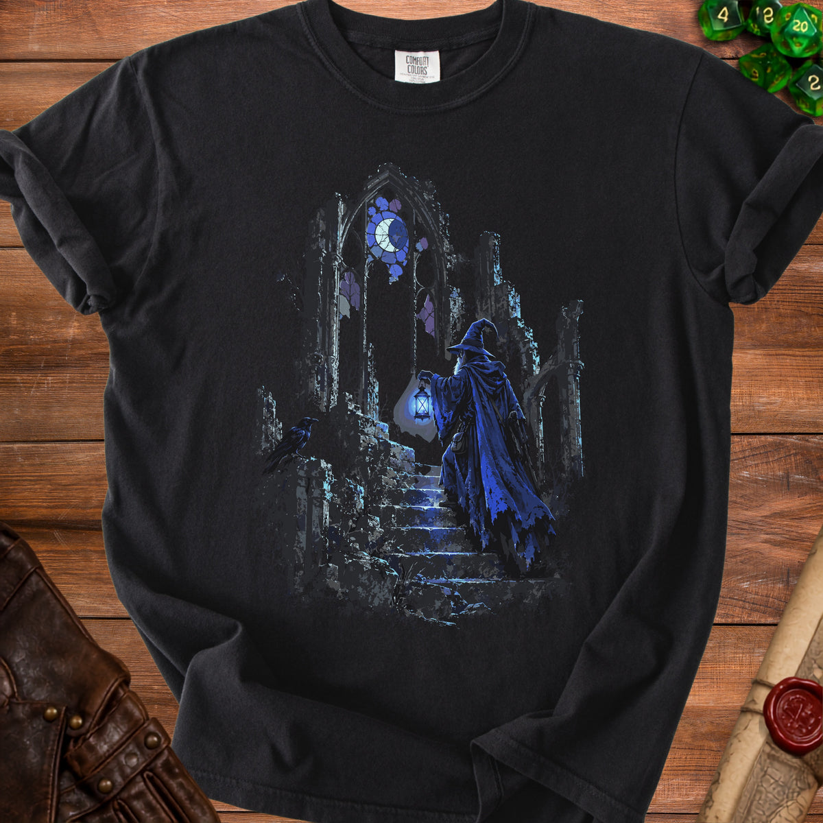 Black t-shirt with a wizard ascending stone stairs, holding a lantern.