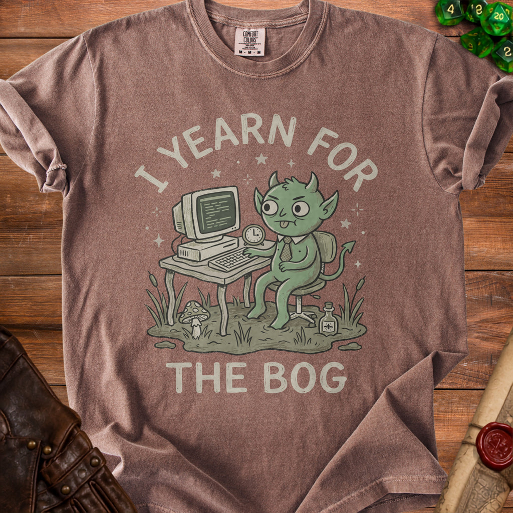 T-shirt graphic of a goblin at a computer with text "I YEARN FOR THE BOG".