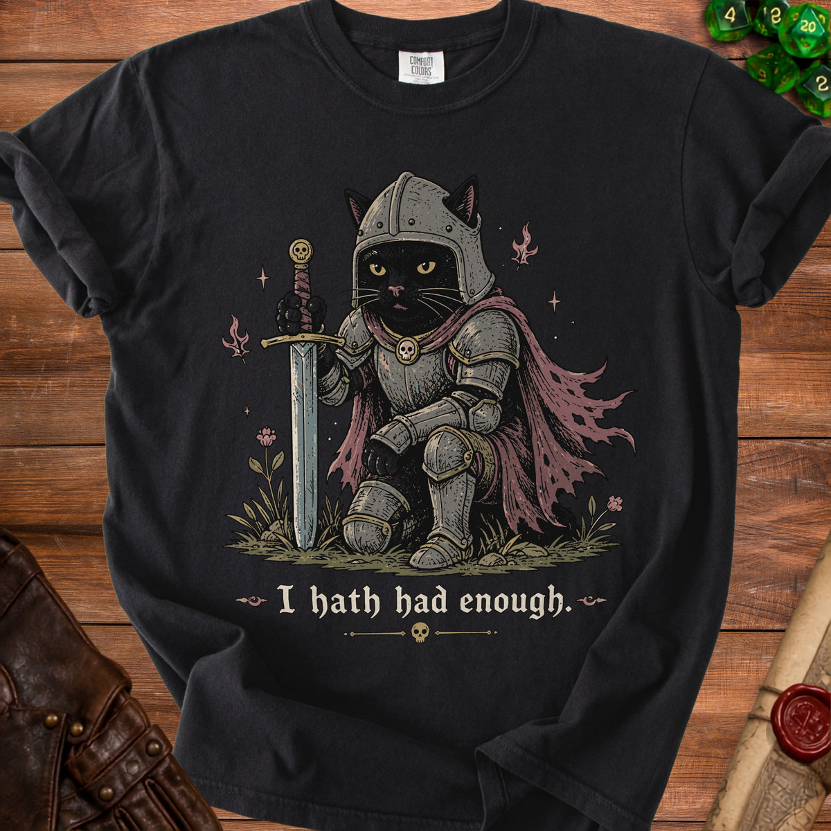 Black t-shirt featuring a black cat knight in armor holding a sword with text.