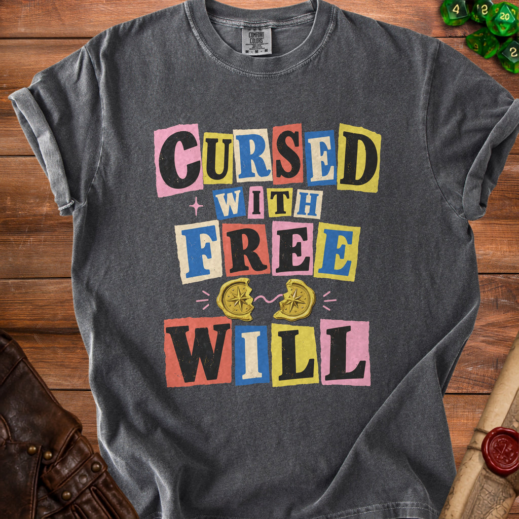 Dark gray t-shirt with "Cursed With Free Will" text and broken compass graphic.