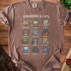 Brown t-shirt with "Dungeons & Cats" and illustrations of cats in RPG class costumes.