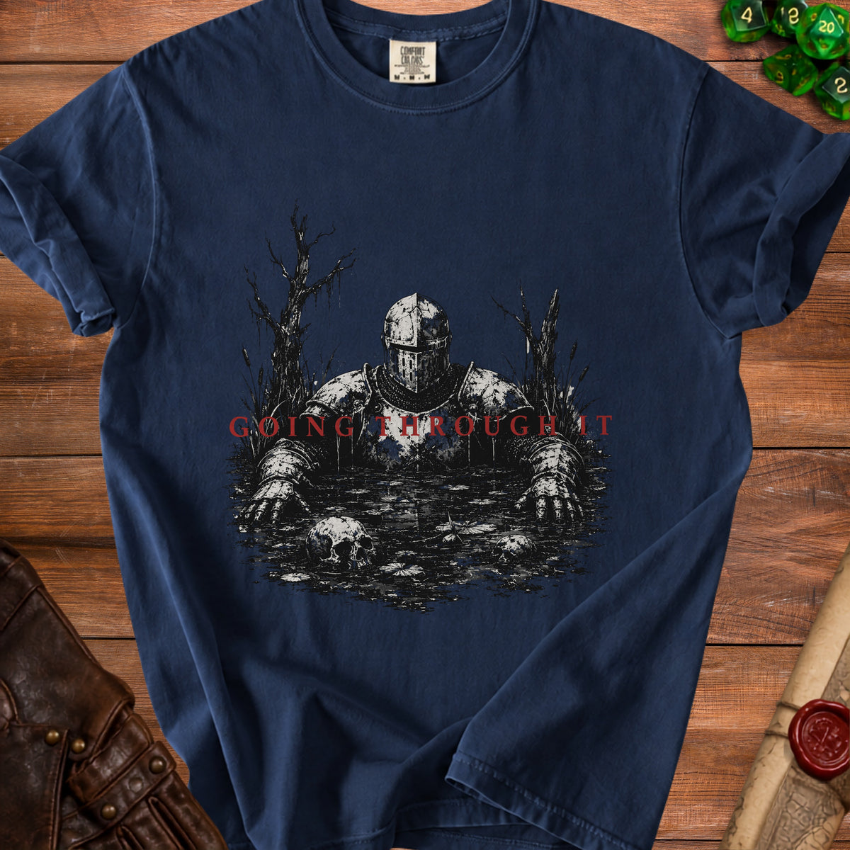 Navy t-shirt with a knight in a swamp and "Going Through It" text.