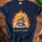 Dark blue t-shirt with cartoon vampire, smiling sun, flames, and text "You Are My Sunshine."