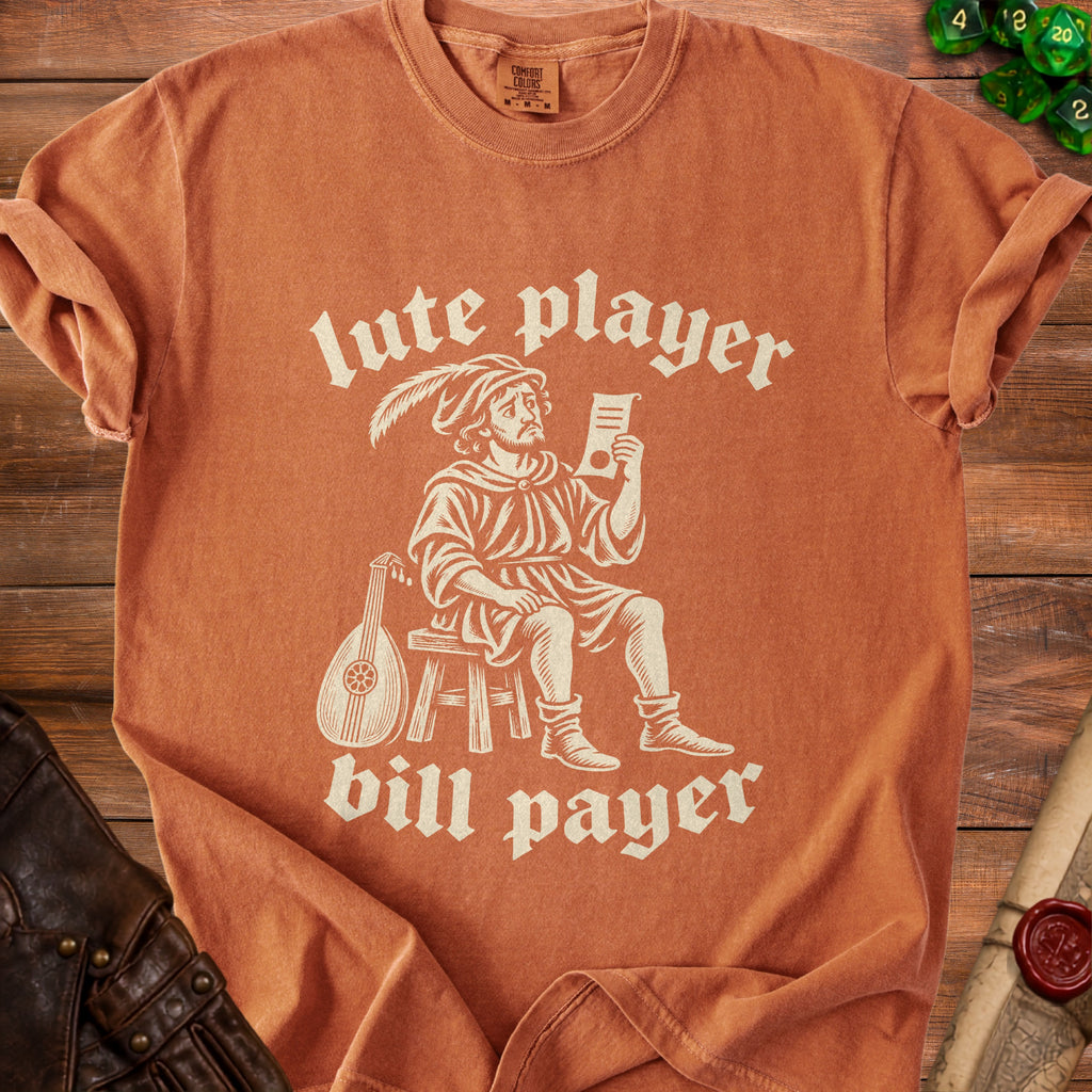 Orange t-shirt with vintage lute player and text "lute player bill payer".