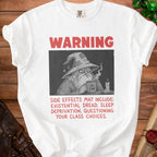 White t-shirt with "WARNING" and wizard graphic with text about side effects.