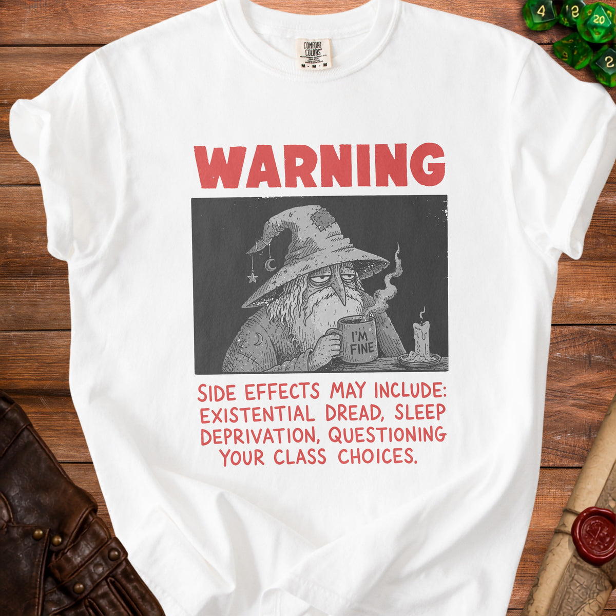 White t-shirt with "WARNING" and wizard graphic with text about side effects.