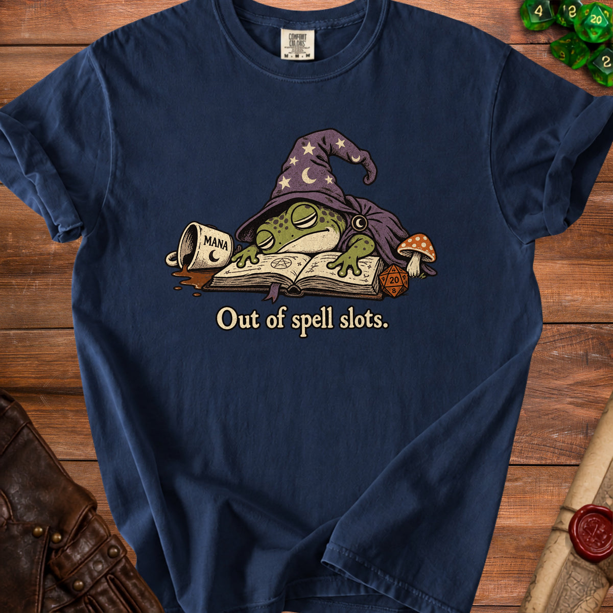 Frog wizard sleeping on a book with a spilled mana potion and "Out of spell slots." text.