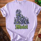 Illustration of a knight getting drenched by a gargoyle fountain, with "Moist" text.