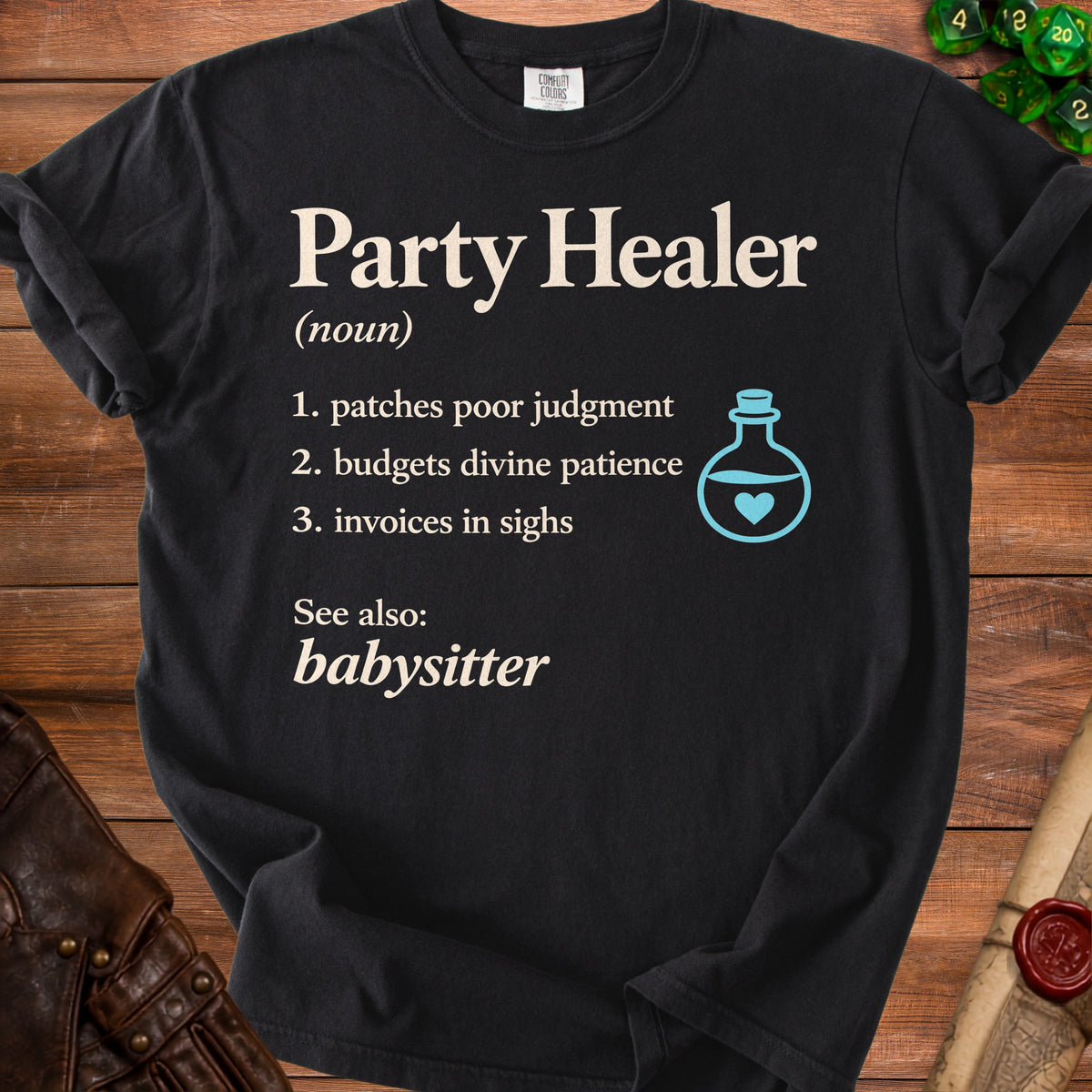 Black t-shirt with "Party Healer" definition and a potion bottle graphic.