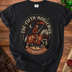 Grim reaper on horseback with "The Fifth Horseman Stupidity" text.