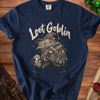 Navy t-shirt with "Loot Goblin" text and a goblin character with mushrooms and dice.