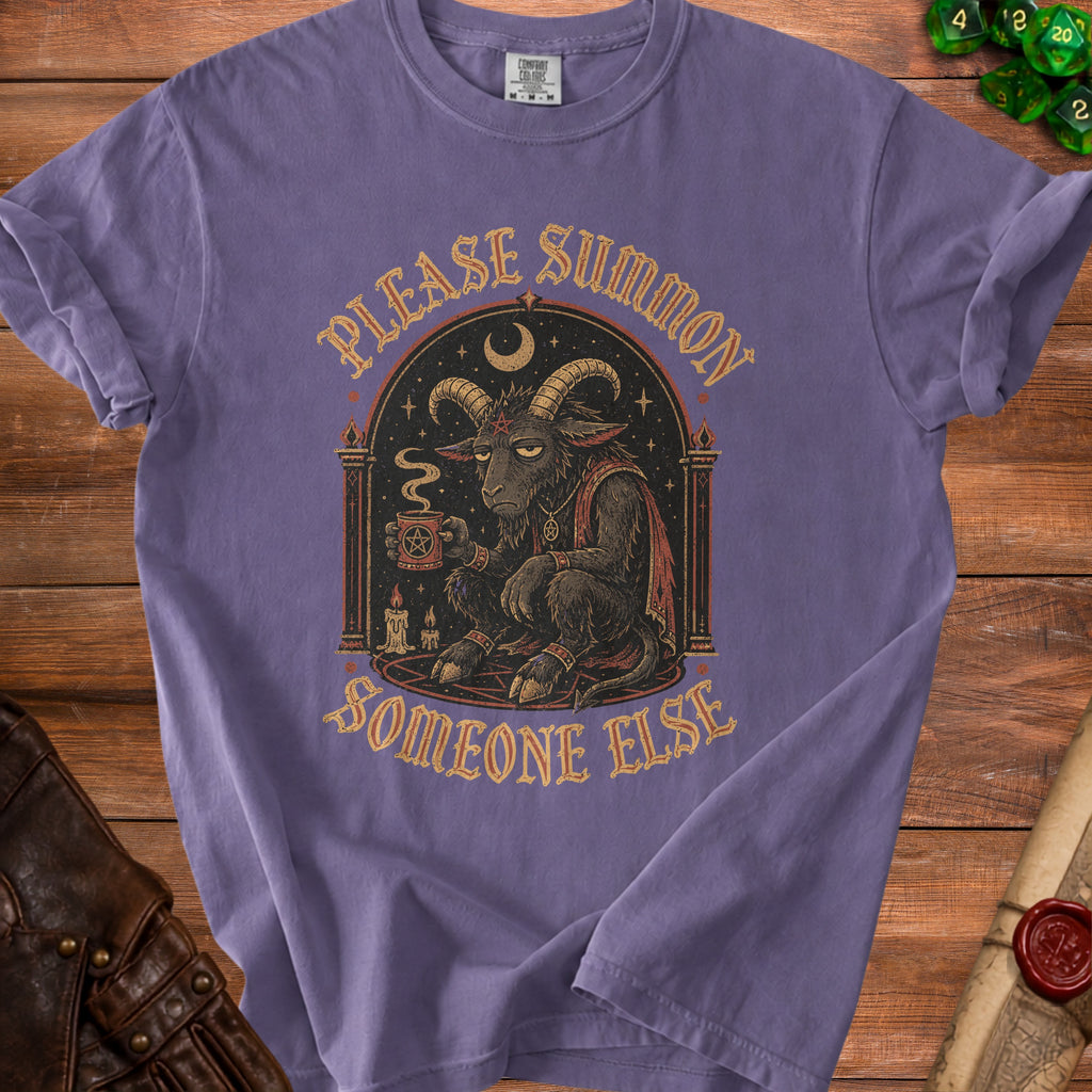 Purple t-shirt with a black goat graphic and text "PLEASE SUMMON SOMEONE ELSE."