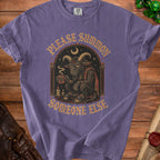 Purple t-shirt with a black goat graphic and text "PLEASE SUMMON SOMEONE ELSE."