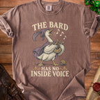 Brown t-shirt with a goose playing a harp and singing, text reads "The Bard Has No Inside Voice".