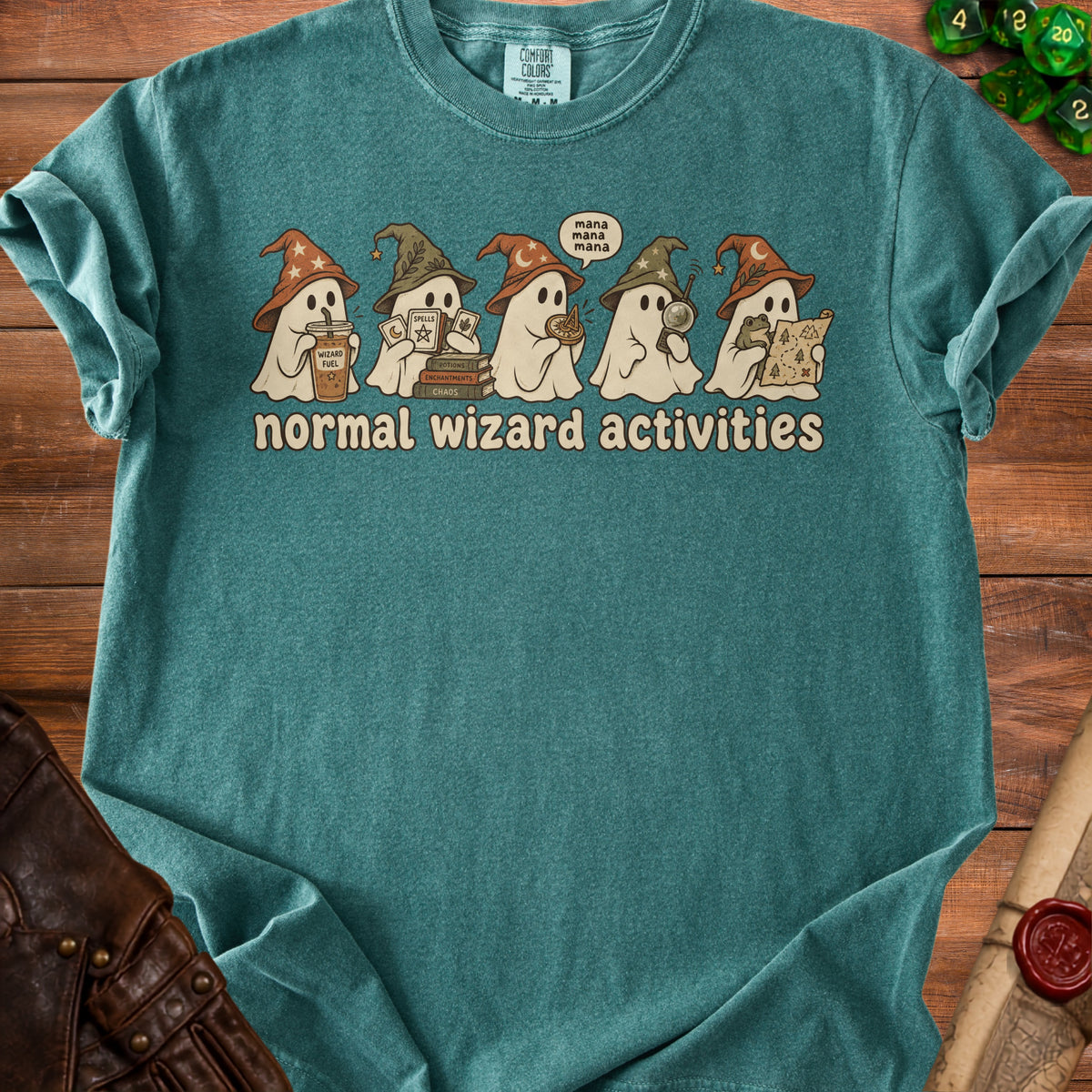 Teal t-shirt with five ghosts in wizard hats and the text "normal wizard activities".