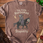 Grim reaper on skeletal horse with sword, text "The Fifth Horseman Stupidity".