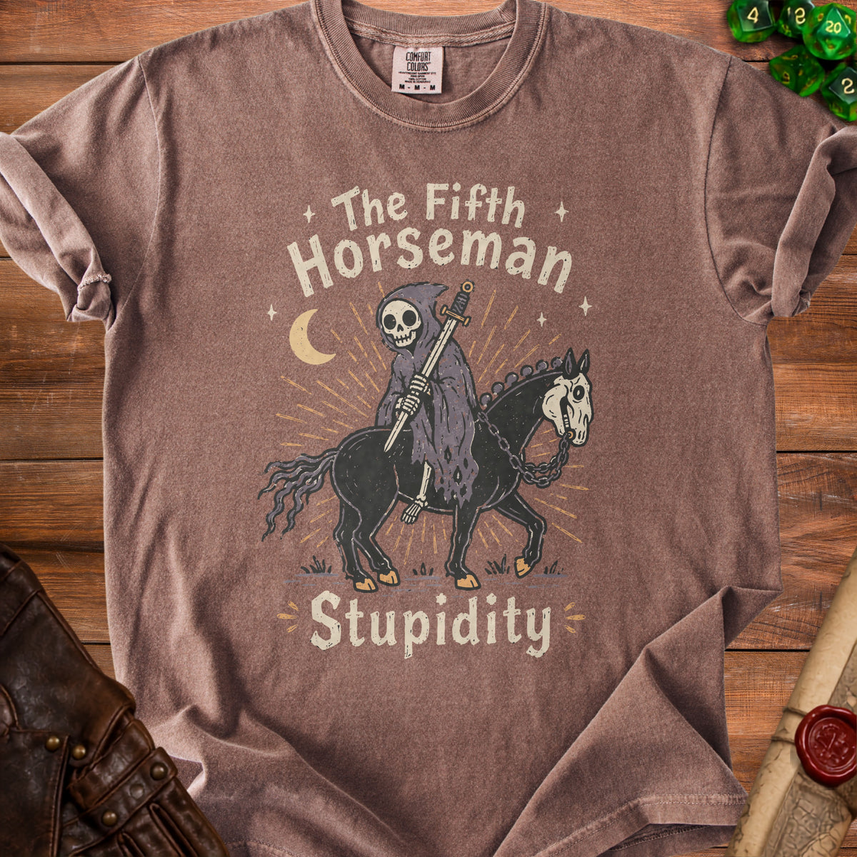 Grim reaper on skeletal horse with sword, text "The Fifth Horseman Stupidity".