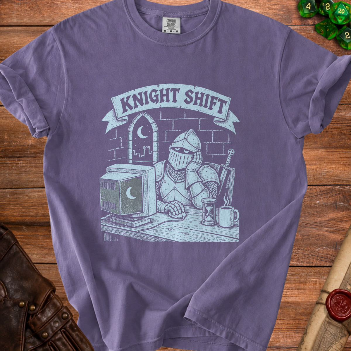 T-shirt graphic of a knight at a computer with text "KNIGHT SHIFT".