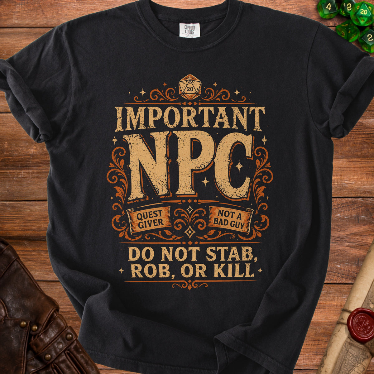 Black t-shirt with "IMPORTANT NPC" and "Do Not Stab, Rob, or Kill" text.