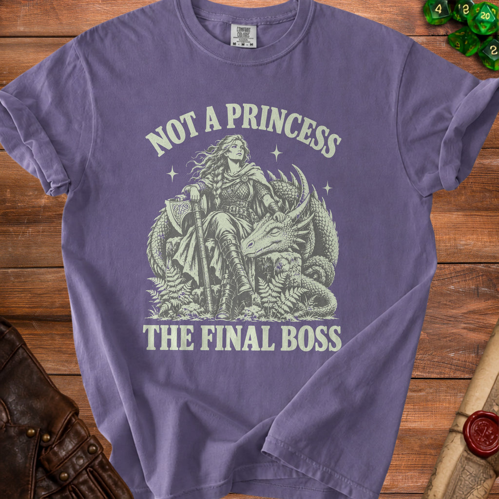 Purple t-shirt with a warrior woman and dragon graphic that reads "Not a princess. The final boss."