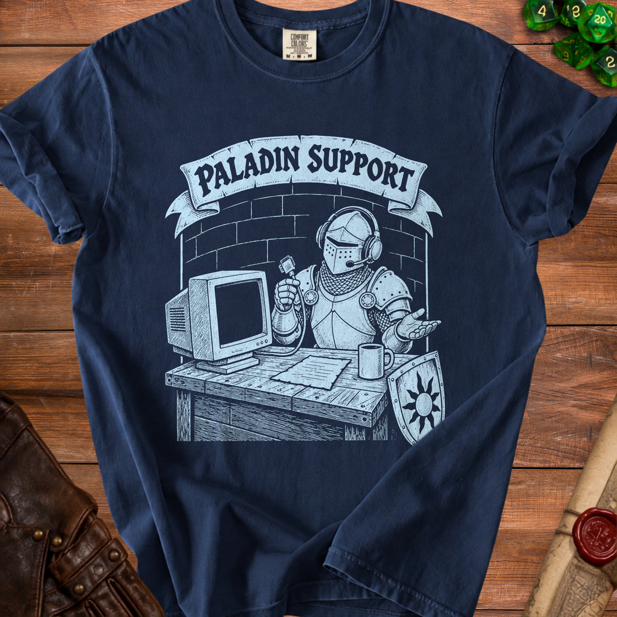 Dark blue t-shirt with "Paladin Support" banner and knight at computer graphic.