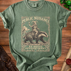 Green t-shirt with a "Public Nuisance By Royal Appointment" design featuring a jester riding a badger.