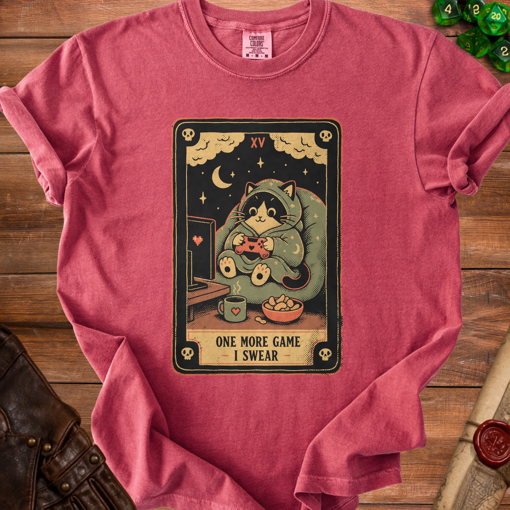 T-shirt graphic of a cat playing video games with text "ONE MORE GAME - I SWEAR".