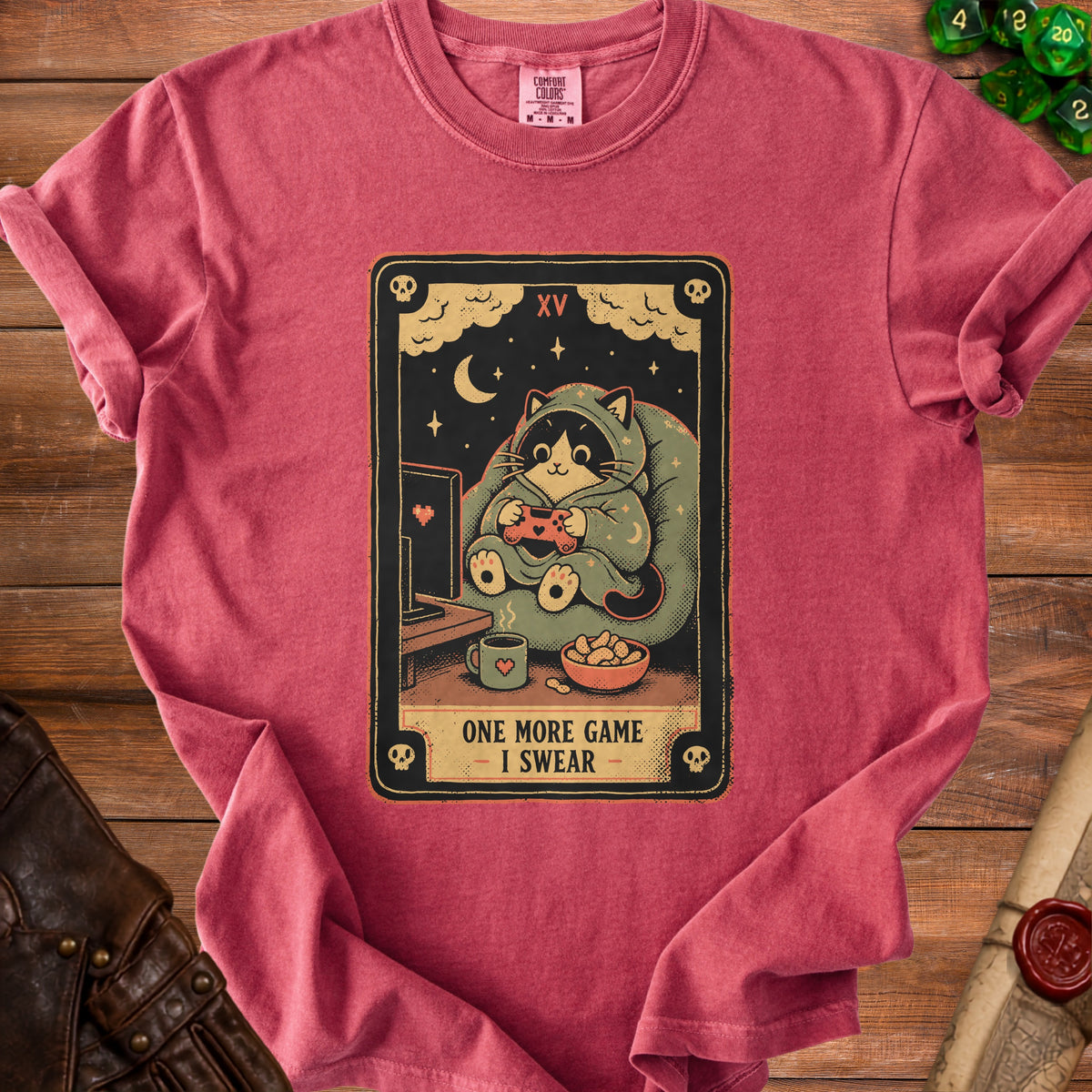 T-shirt graphic of a cat playing video games with text "ONE MORE GAME - I SWEAR".