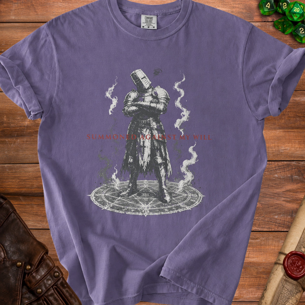 Purple t-shirt with a knight in armor on a summoning circle and text.
