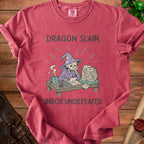 Red t-shirt with graphic of a skeleton wizard and text "Dragon Slain, Inbox Undefeated".