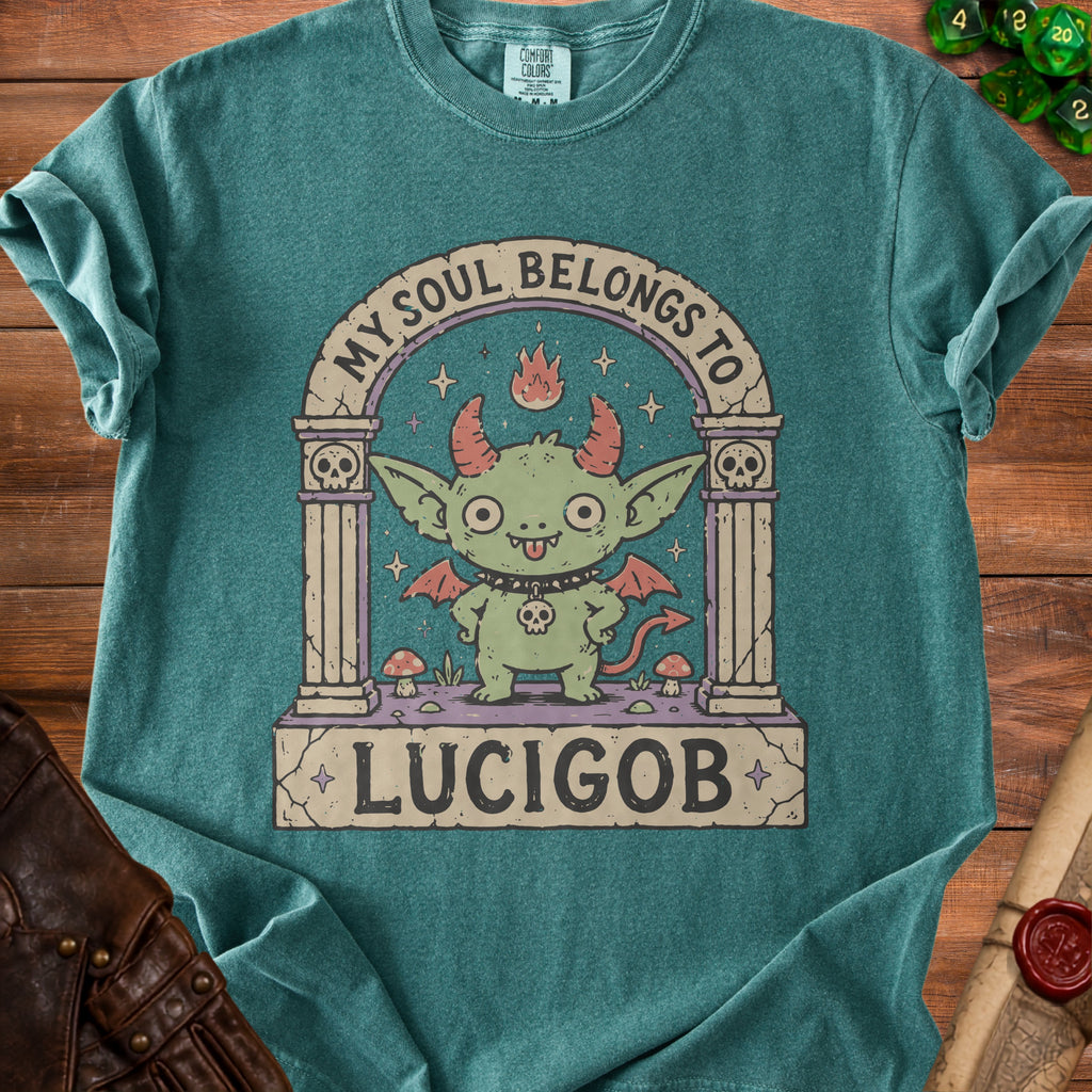 Green t-shirt with a goblin graphic and text "My Soul Belongs to Lucigob".