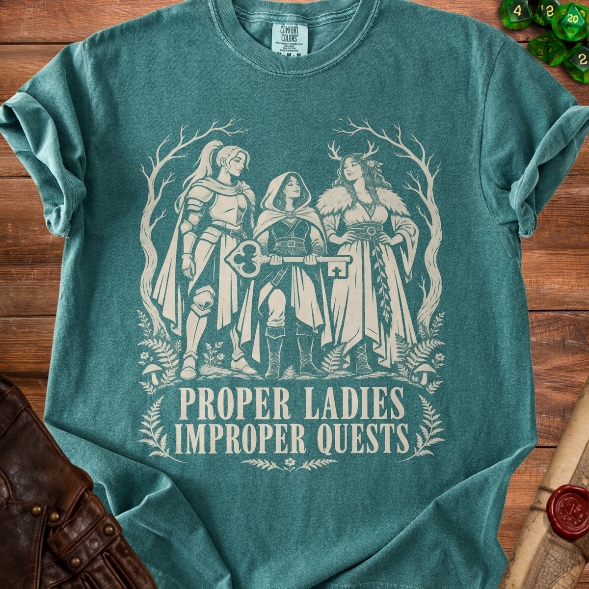 Three women in fantasy attire stand with a large key, text reads "PROPER LADIES IMPROPER QUESTS".