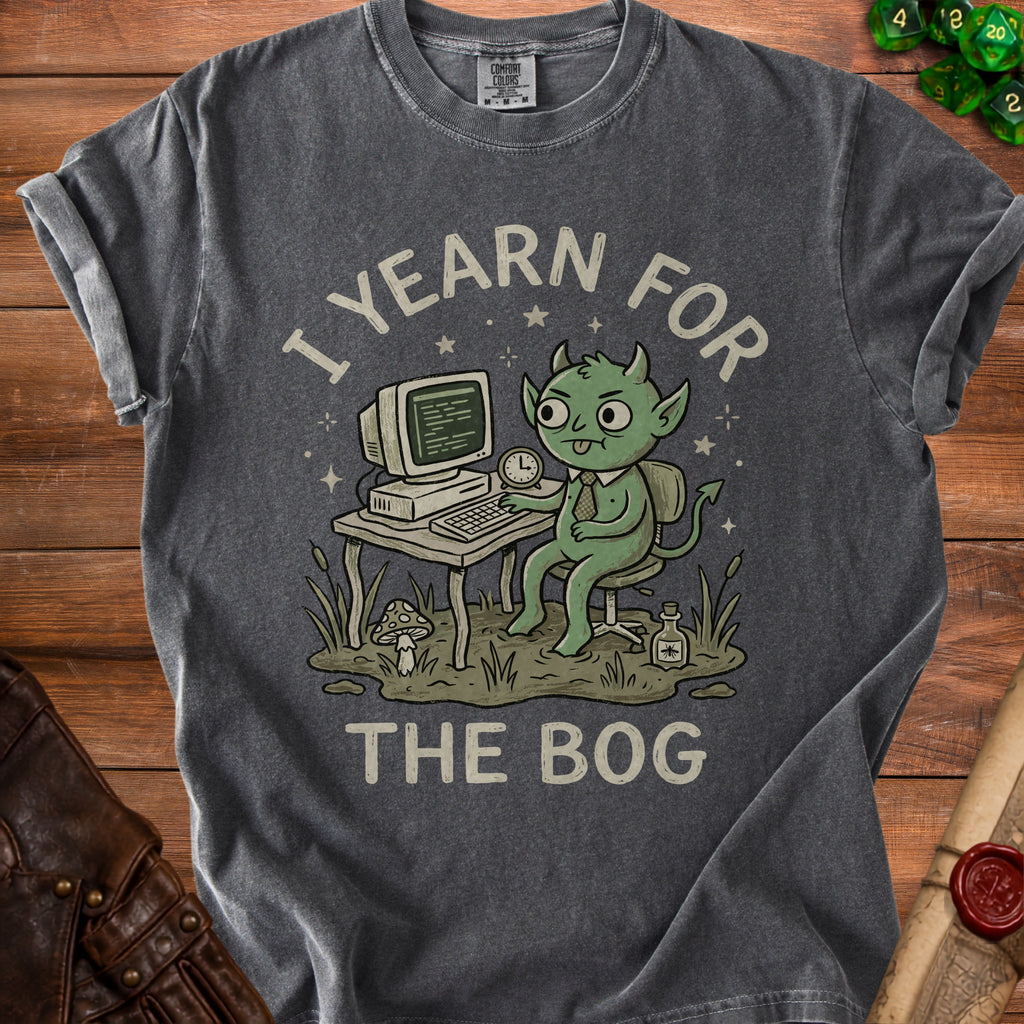 A green imp sits at a computer with text "I YEARN FOR THE BOG".