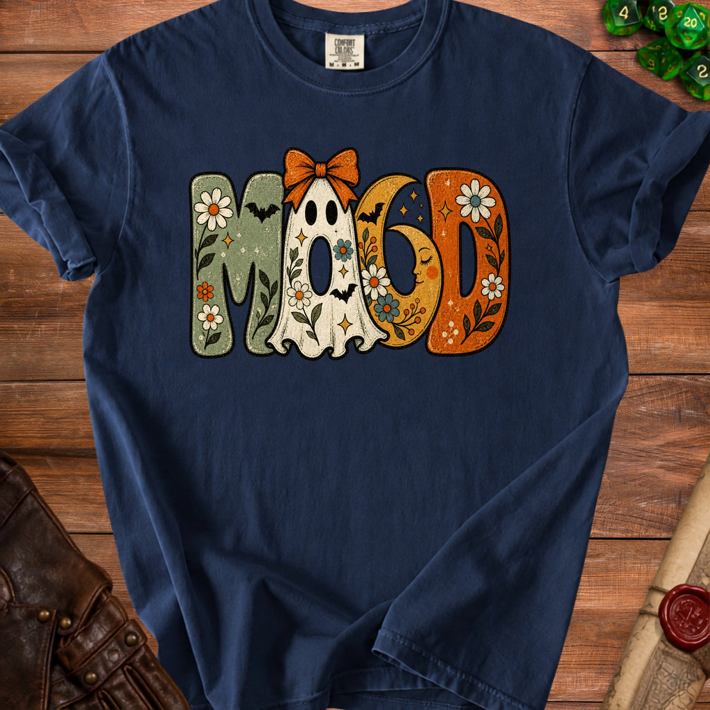 Navy t-shirt with "Mood" text featuring a ghost, moon, flowers, and bats.